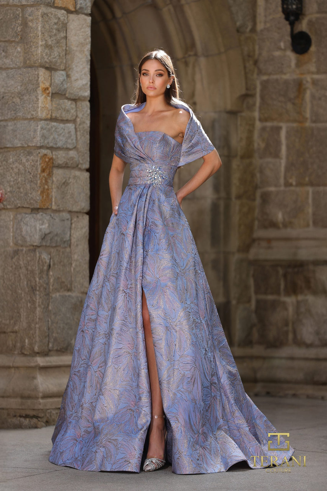 Terani 261M6453 off-the-shoulder shawl sleeve dress with jeweled waist front view