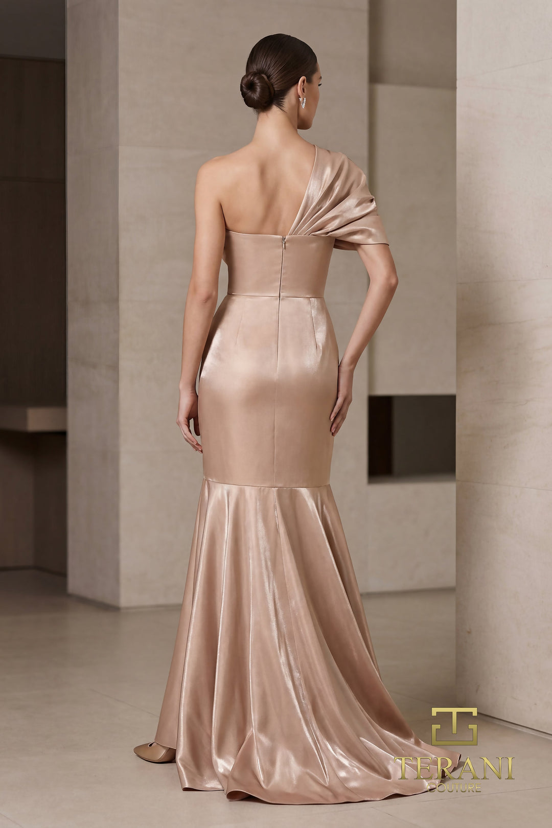Terani 262E7119 Asymmetric One-Shoulder Draped Sleeve Mermaid Dress