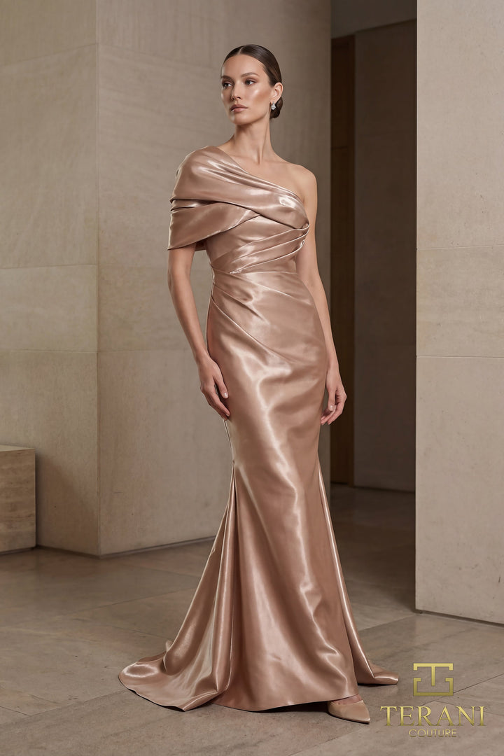 Terani 262E7119 Asymmetric One-Shoulder Draped Sleeve Mermaid Dress