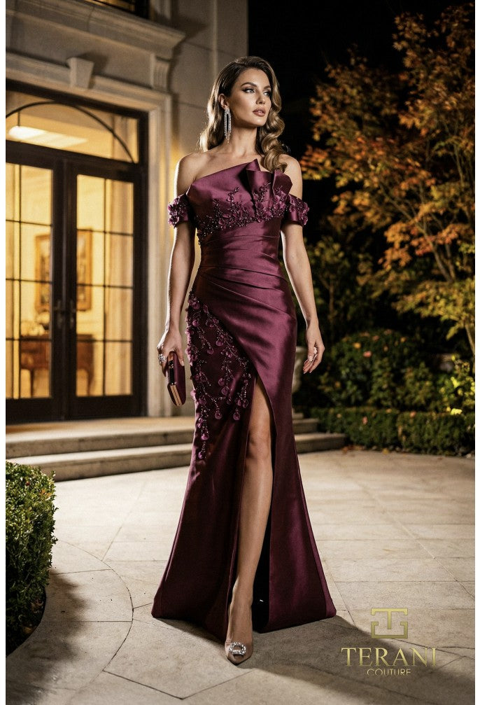Terani 262M7254 Asymmetrical Sweetheart Off-Shoulder Cap Sleeve Corset Dress