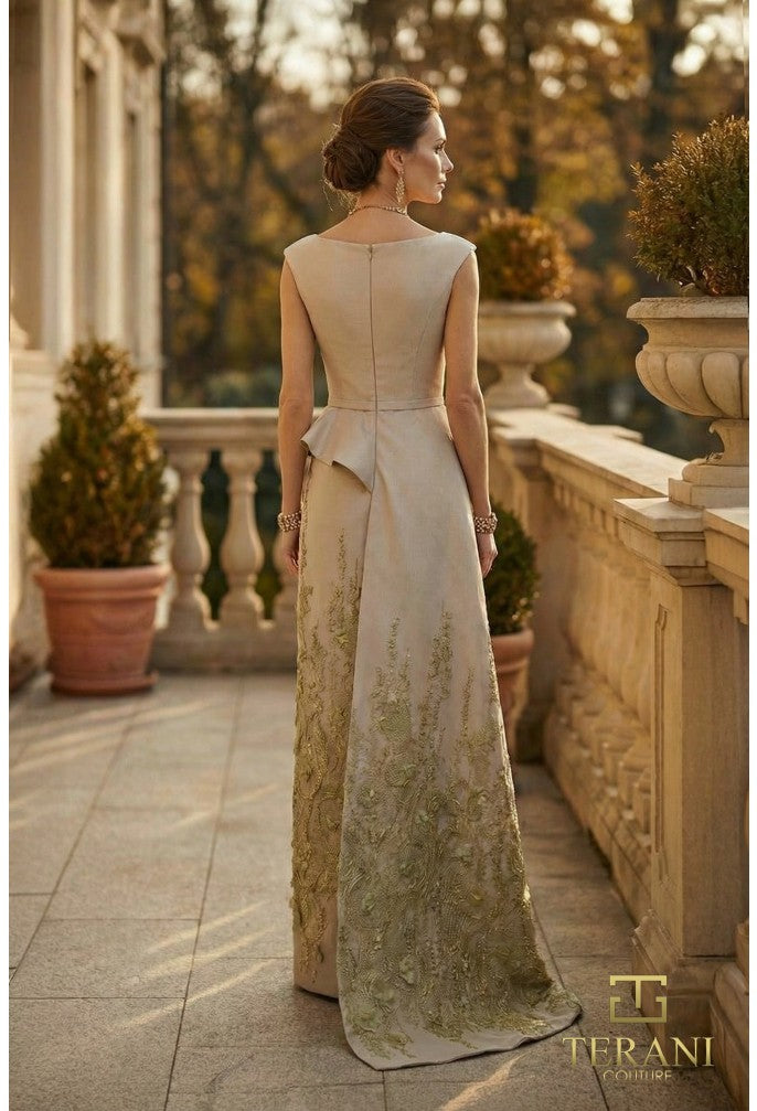 Terani 262M7305 Bateau Neckline Short Sleeve Structured Sheath Dress
