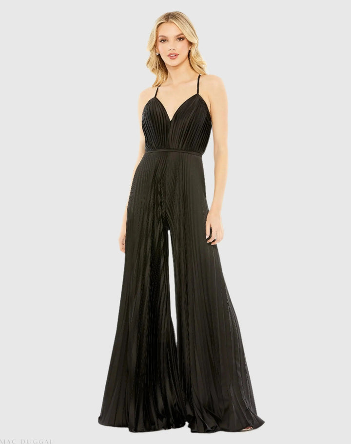 Mac Duggal 26319 Pleated Plunge Neck Wide Leg Jumpsuit