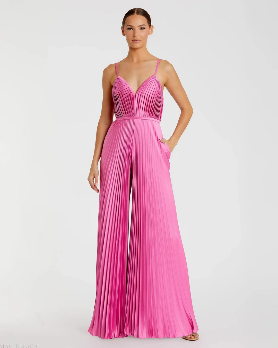 Mac Duggal 26319 Pleated Plunge Neck Wide Leg Jumpsuit