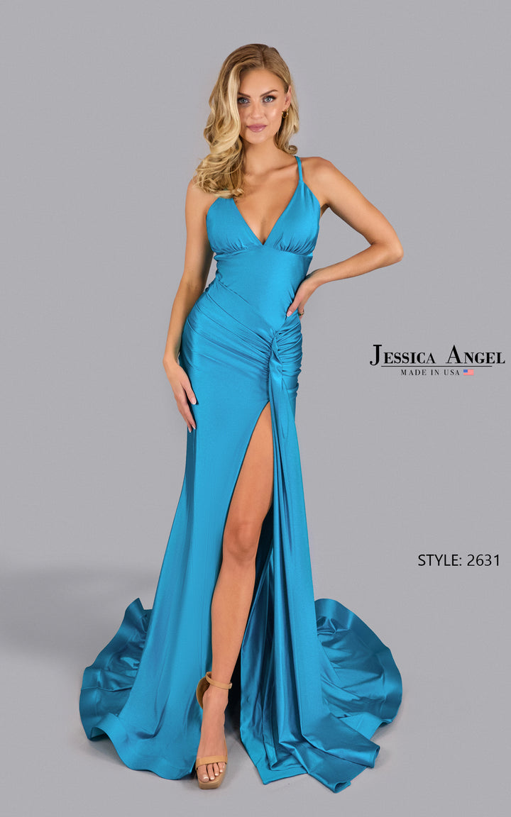 Jessica Angel 2631 V-neck jersey gown front view 3
