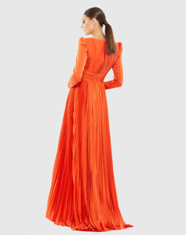 Mac Duggal 26542 Pleated Long Sleeve V-Neck Gown