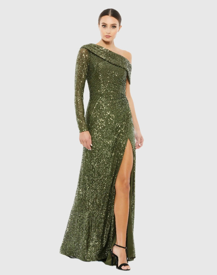 Mac Duggal 26571 Sequined Drop Shoulder Faux Wrap Gown