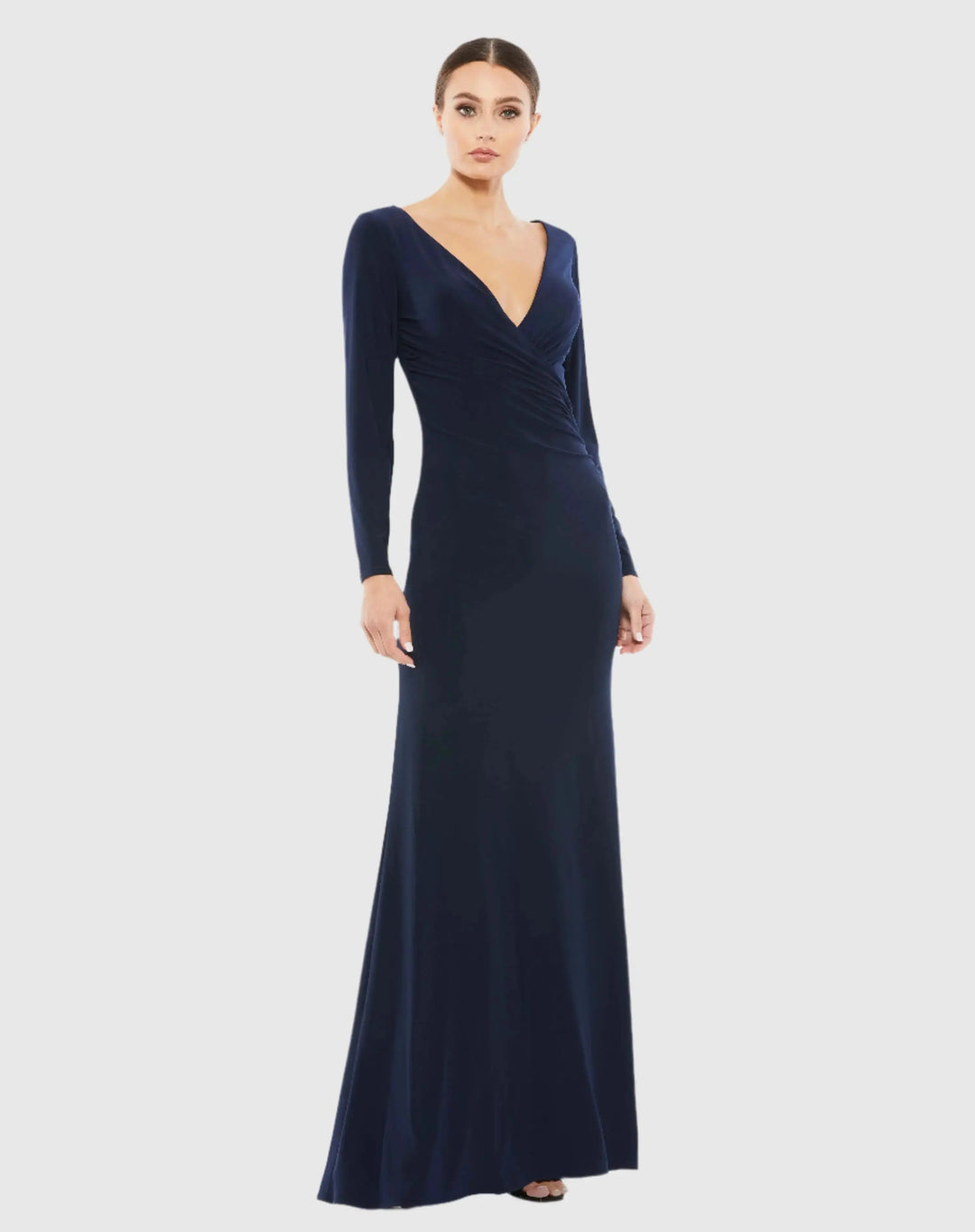 Mac Duggal 26573 Long Sleeve Ruched Jersey V-Neck Gown