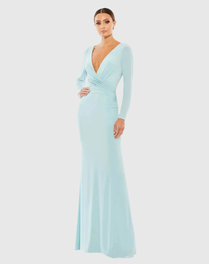 Mac Duggal 26573 Long Sleeve Ruched Jersey V-Neck Gown