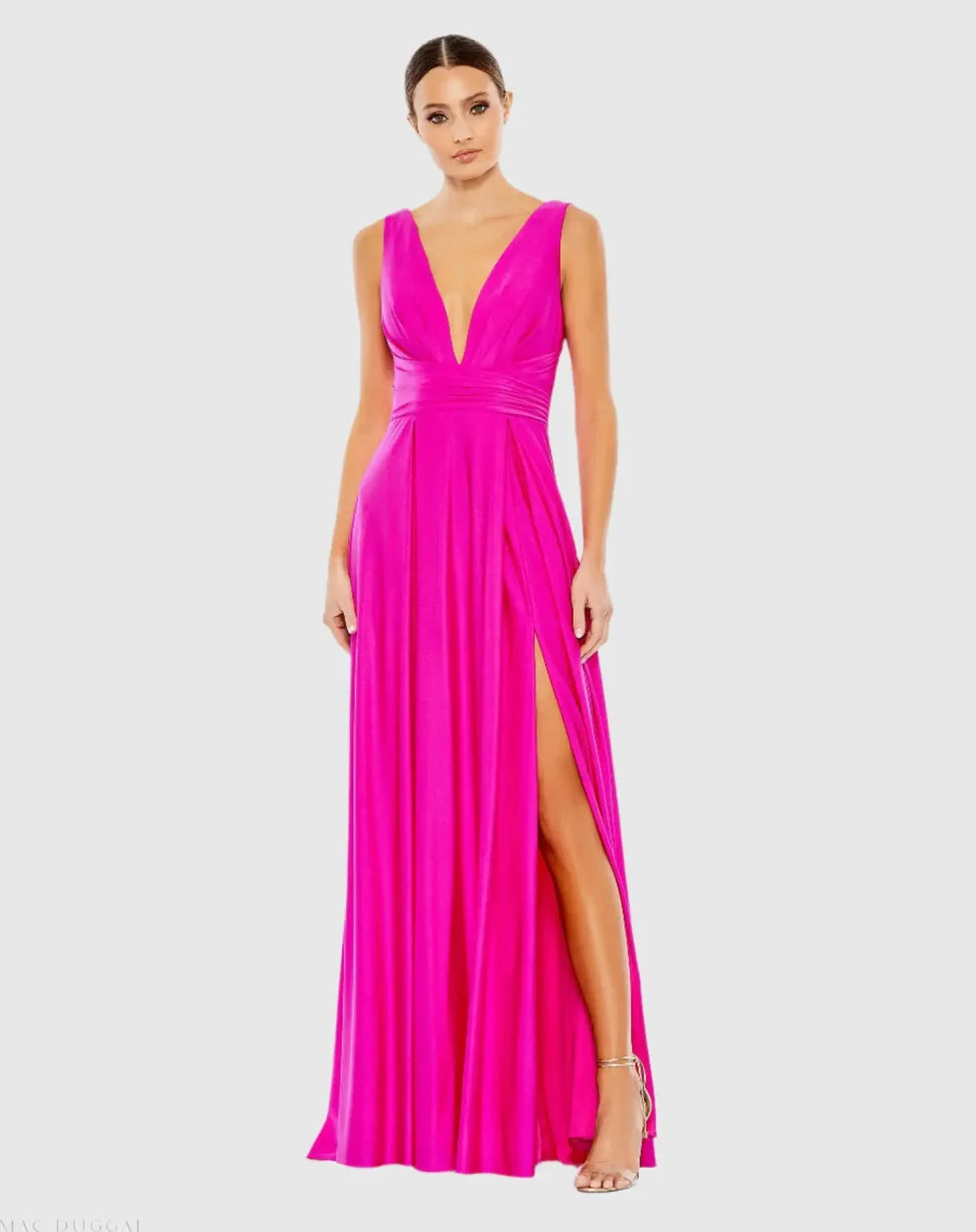 Mac Duggal 26578 Blue Jersey Plunge Neck Evening Gown