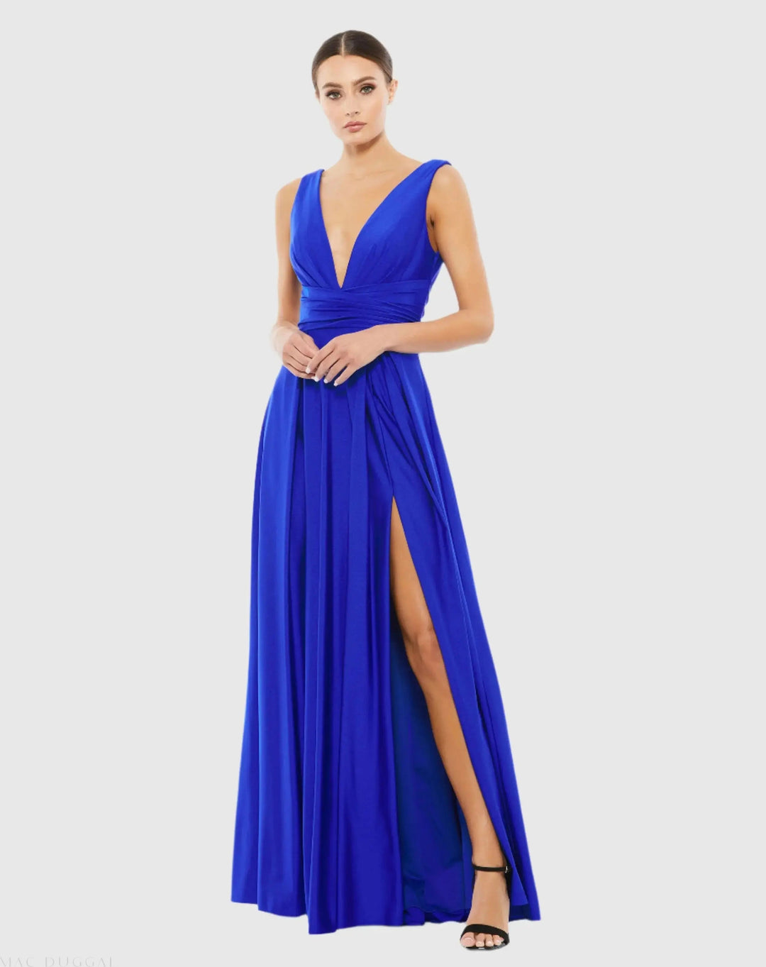Mac Duggal 26578 Blue Jersey Plunge Neck Evening Gown