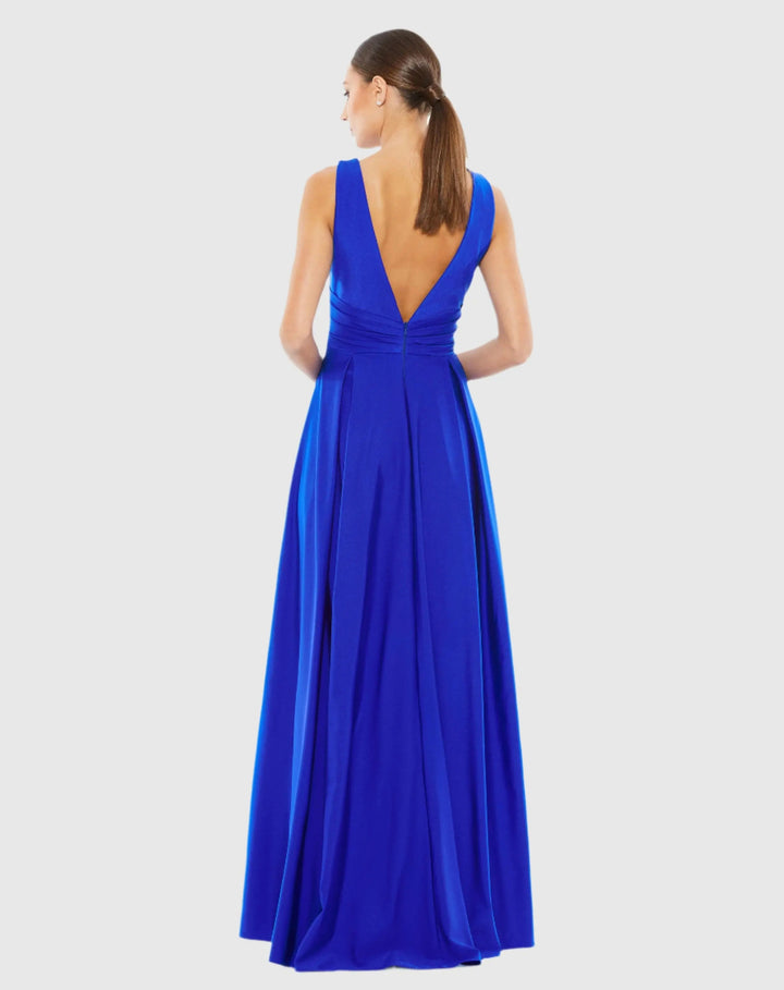 Mac Duggal 26578 Blue Jersey Plunge Neck Evening Gown