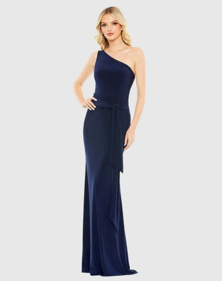Mac Duggal 26581 Jersey One Shoulder Belted Trumpet Gown
