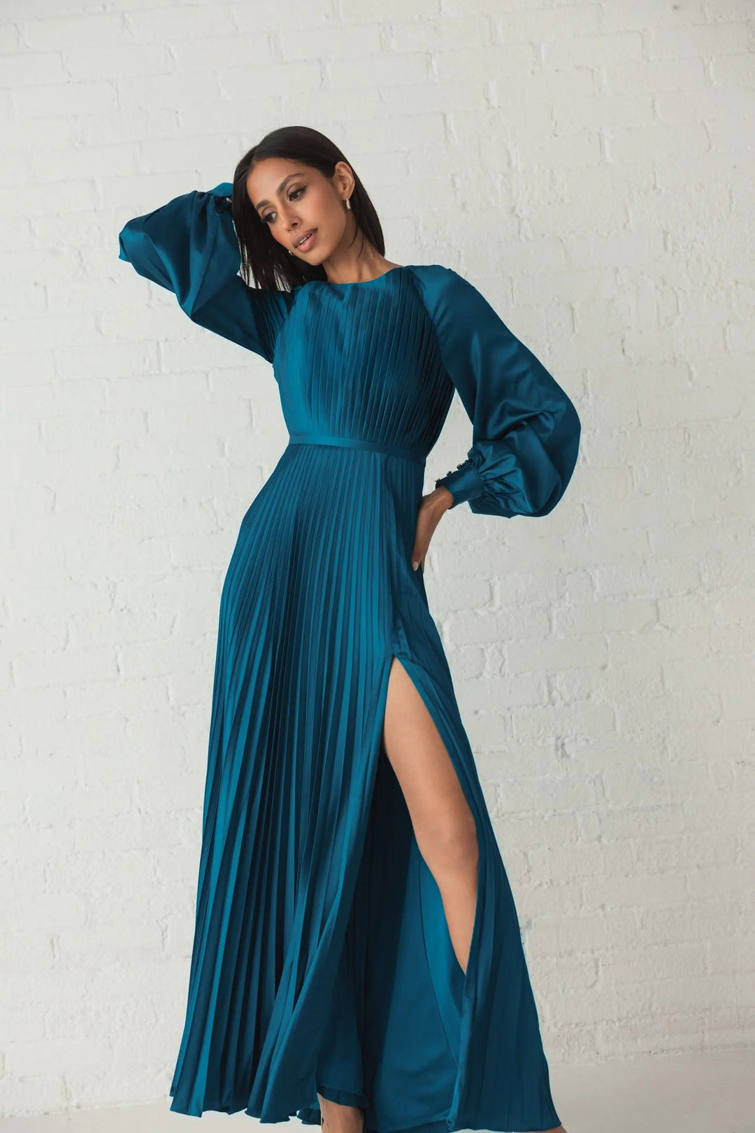 Mac Duggal 26590 Blue Pleated High Neck Long Sleeve Gown with Slit