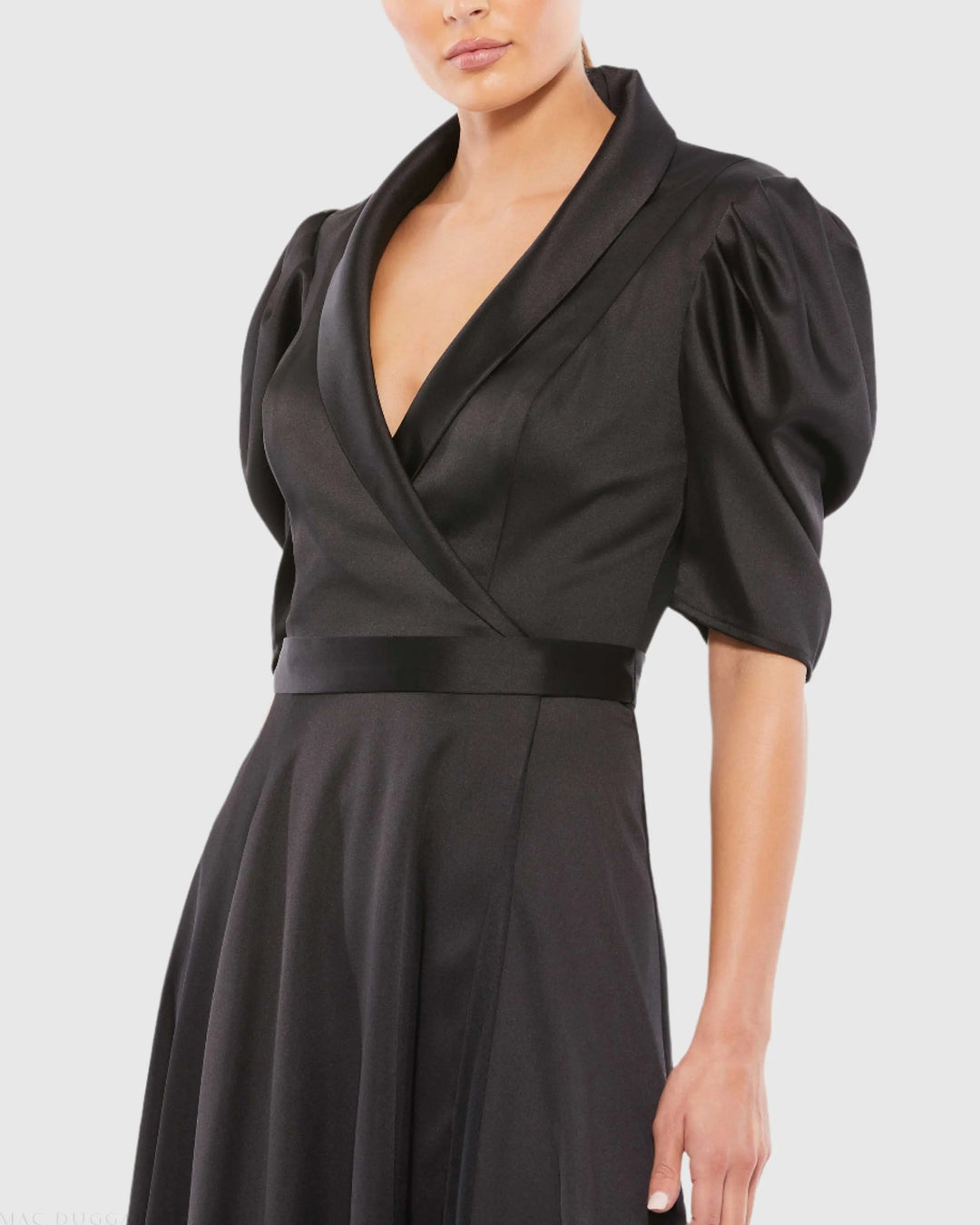 Mac Duggal 26628 Satin Lapel Puff Sleeve Tea Length Dress