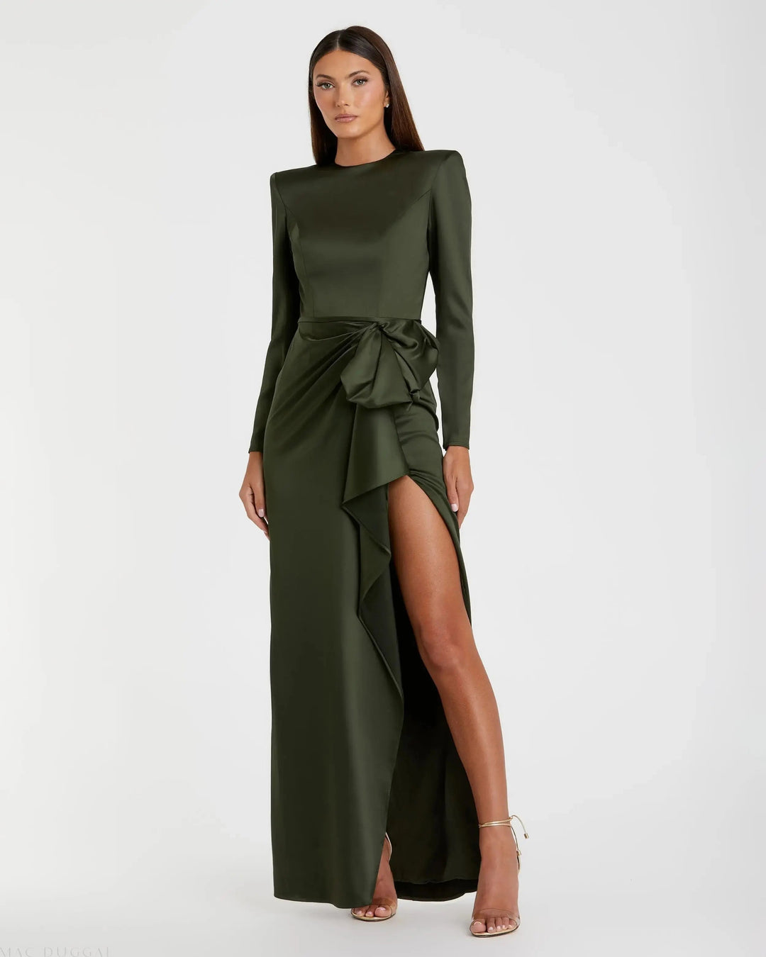 Dark Green Long Sleeve Satin Structured Bow Draped Column Gown - FOSTANI.com