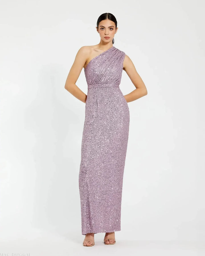 Mac Duggal 9926694P Petite Dark Green Sequined Ruched One Shoulder Gown
