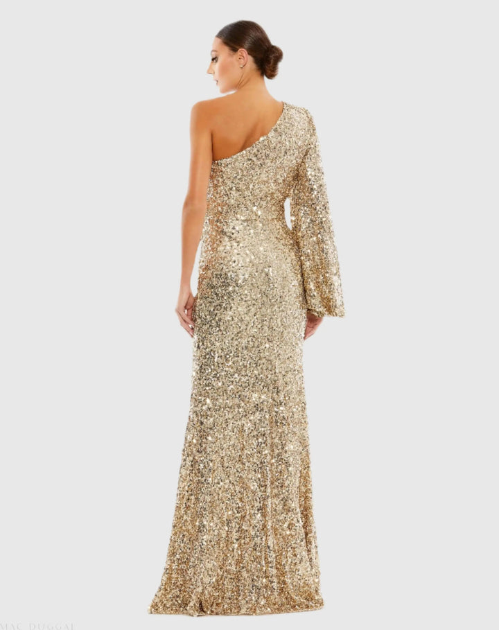 Mac Duggal 26717 Sequined One Shoulder Bishop Sleeve Trumpet Gown