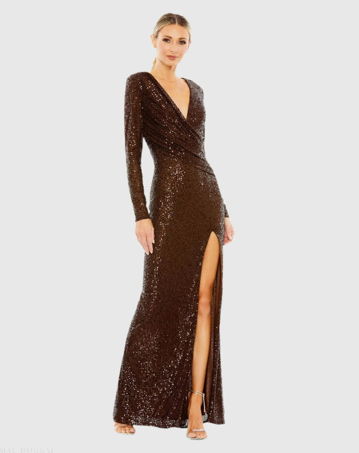 Mac Duggal 26723 Sequined Long Sleeve Faux Wrap Ruched Gown