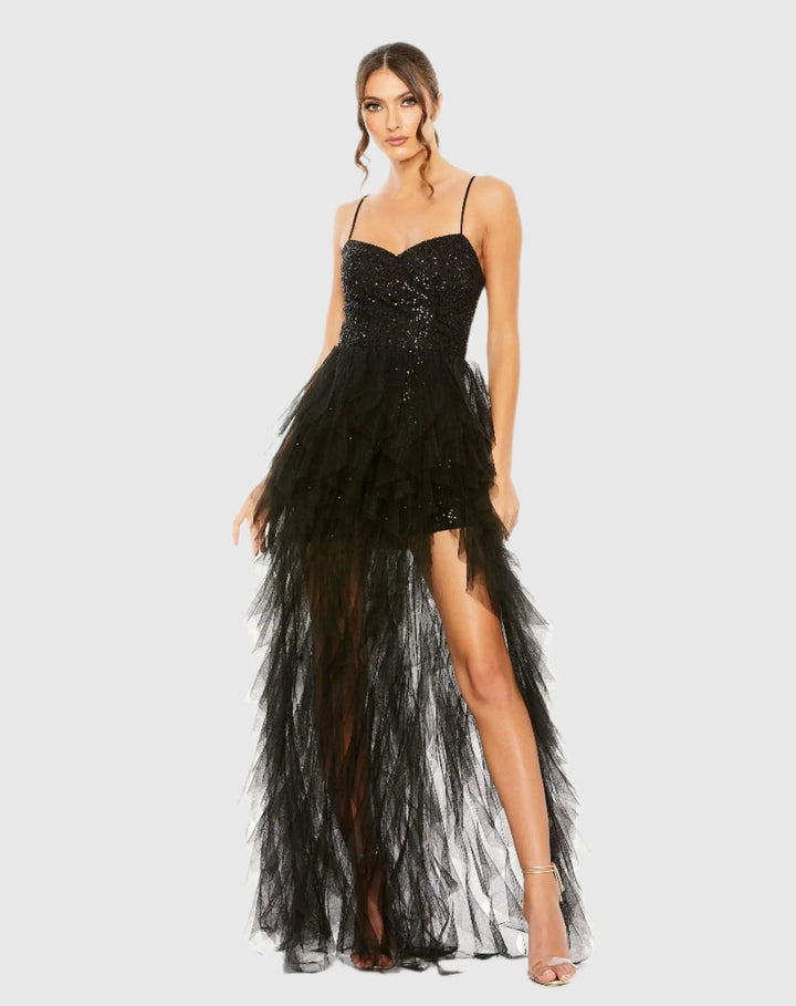 Mac Duggal 27119 Sequin Sweetheart Dress with High Low Ruffle Tulle Overskirt