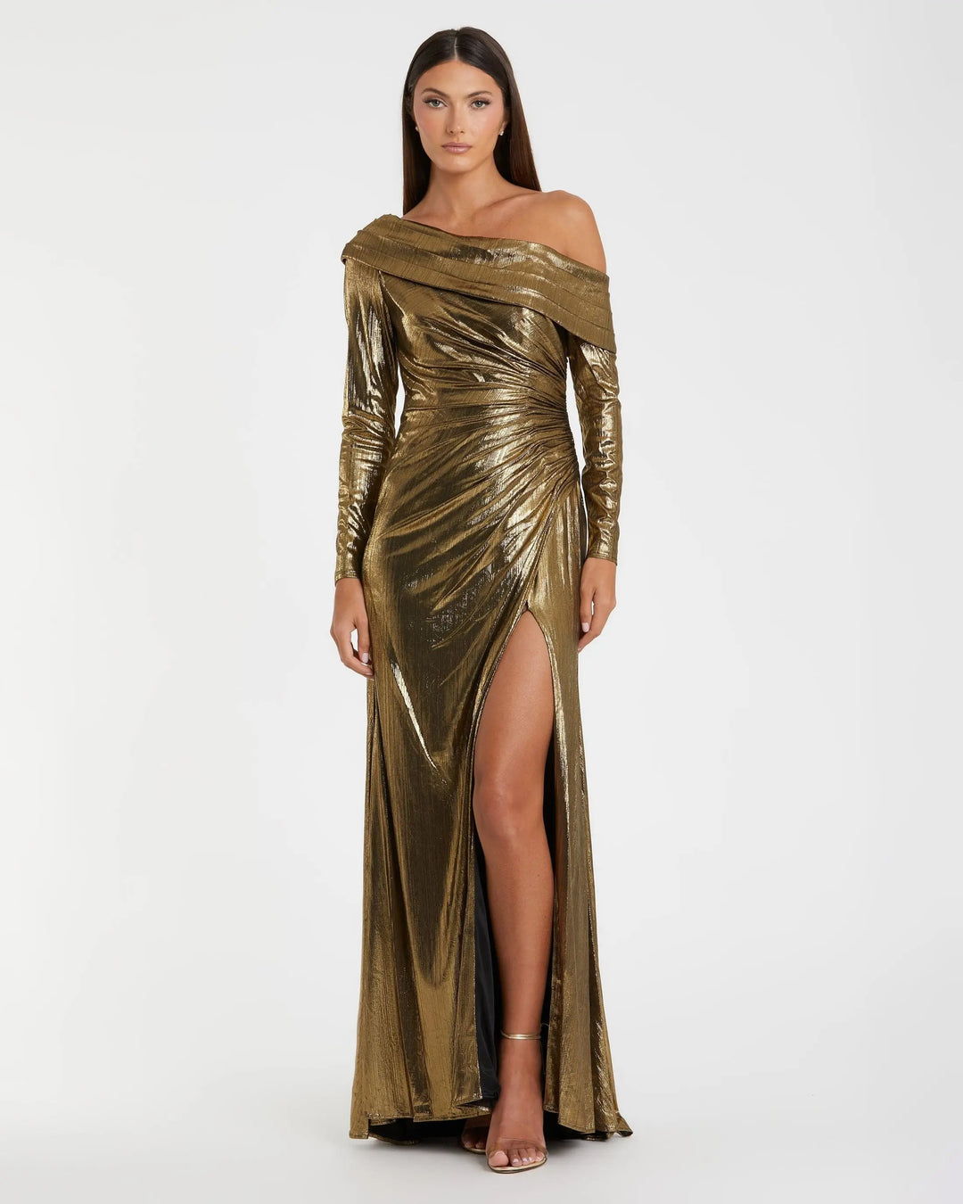 Mac Duggal 27175 Long Sleeve Off the Shoulder Metallic Gown