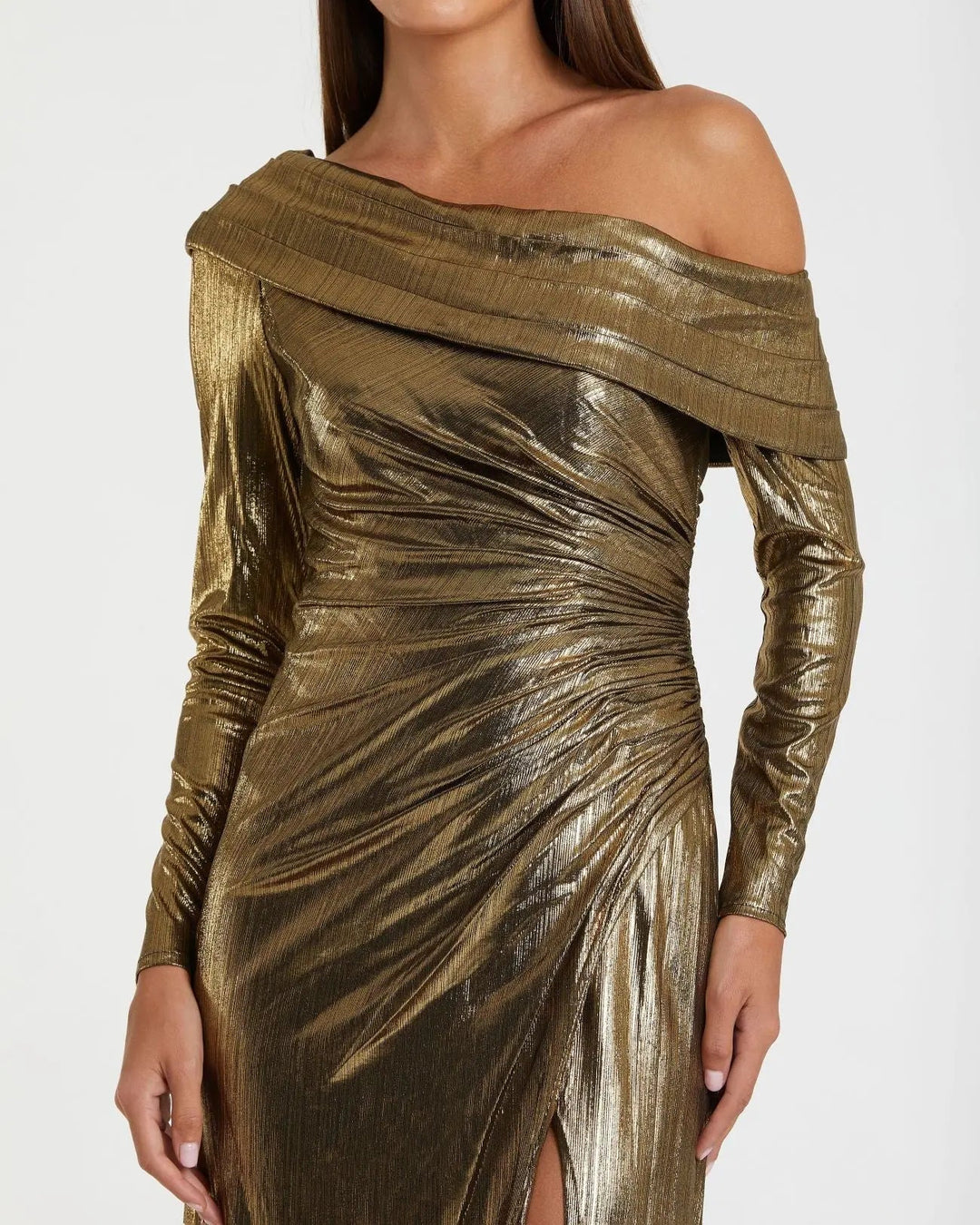 Mac Duggal 27175 Long Sleeve Off the Shoulder Metallic Gown