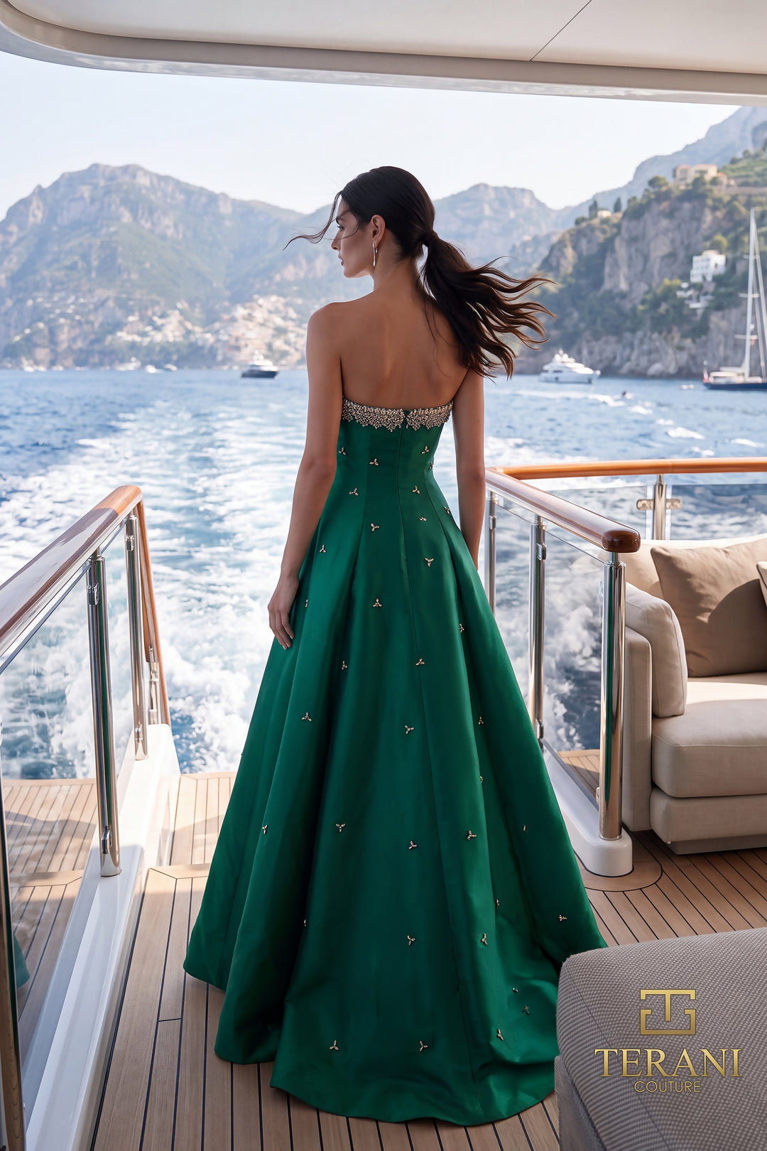 Terani 271E8077 strapless beaded scallop box pleat ball gown evening dress back view