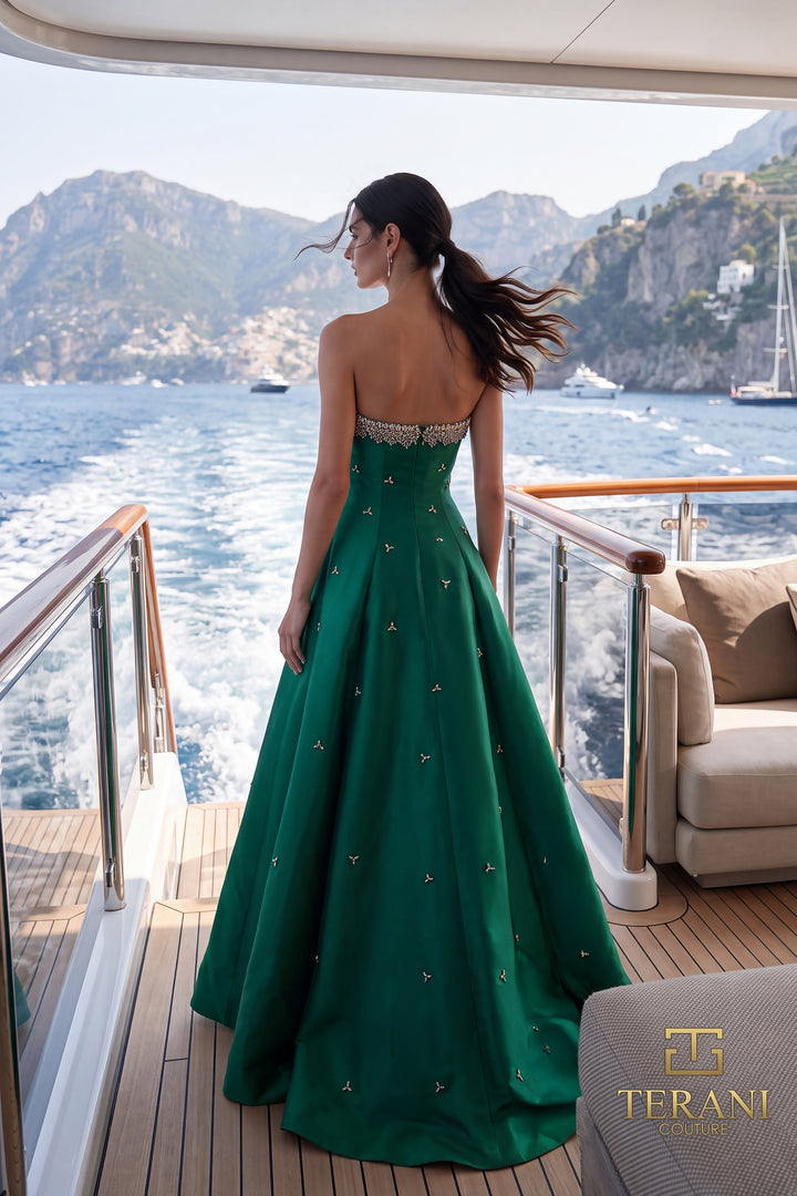 Terani 271E8077 strapless beaded scallop box pleat ball gown evening dress back view