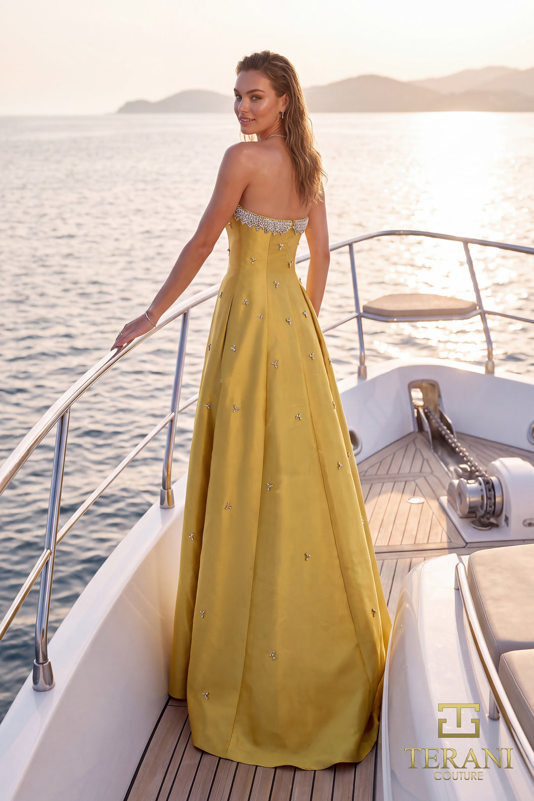 Terani 271E8077 strapless beaded scallop box pleat ball gown evening dress three-quarter back view