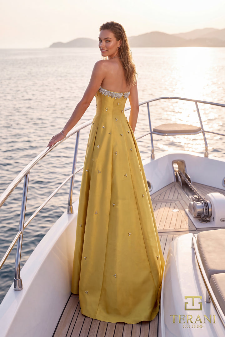 Terani 271E8077 strapless beaded scallop box pleat ball gown evening dress three-quarter back view