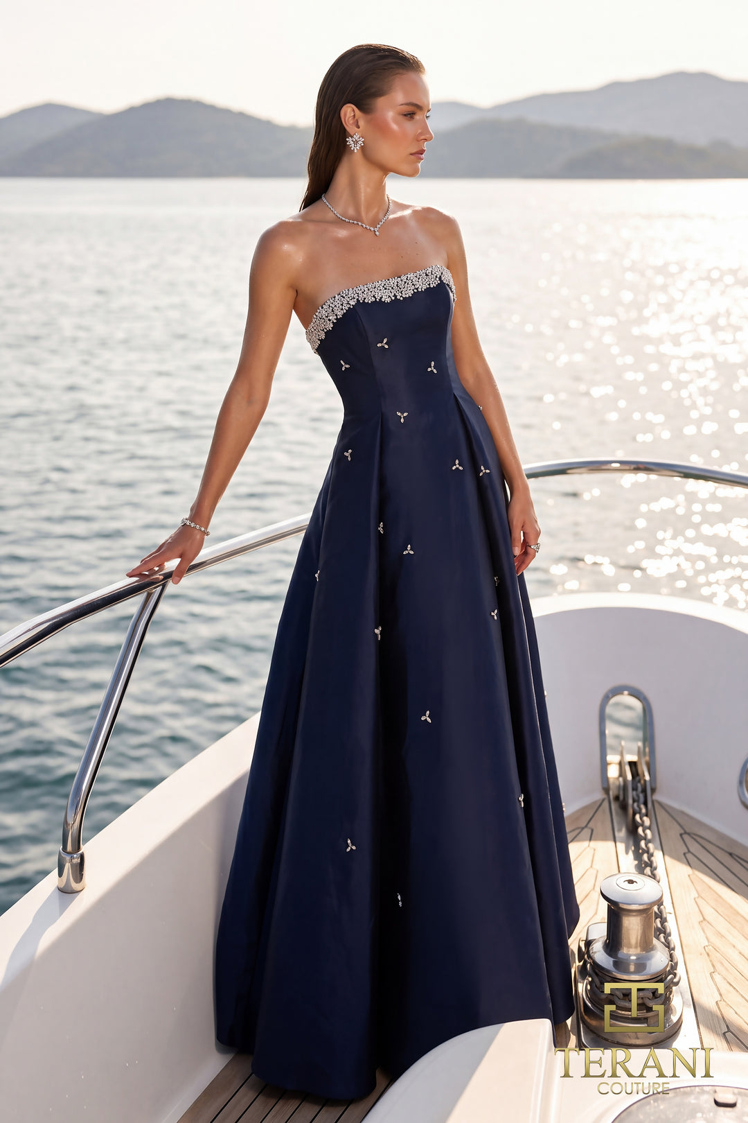 Terani 271E8077 strapless beaded scallop box pleat ball gown evening dress front view