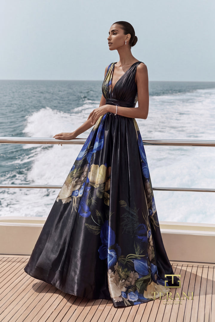 Terani 271E8138 V-neck pleated bodice printed ball gown front view