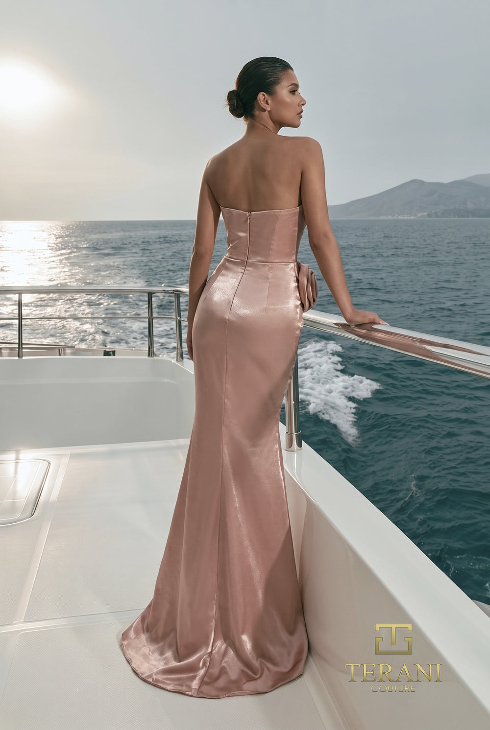 Terani 271E8316 strapless ruched rosette mermaid evening gown back view
