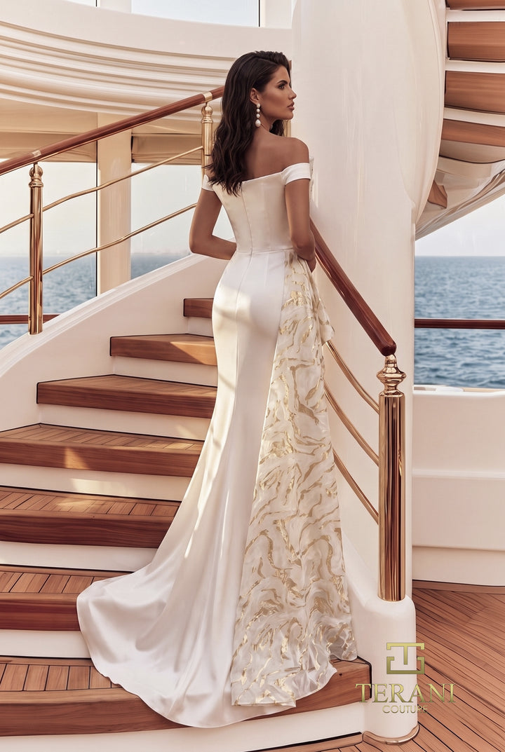 Terani 271E8323 column evening gown embellished cascade train back view