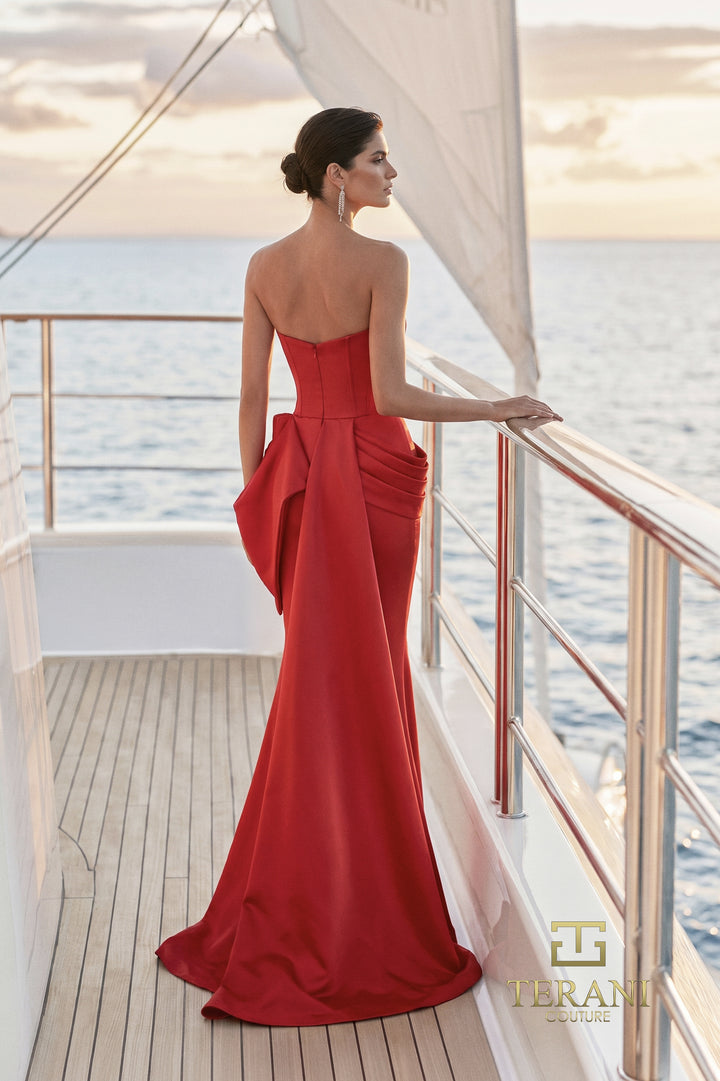 Terani 271E8340 folded hip drape and sweep train mermaid evening gown back view