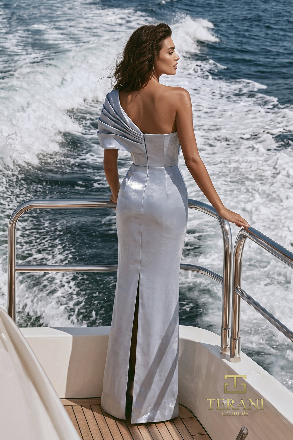 Terani 271E8346 pleated fan and center-back slit column evening gown back view