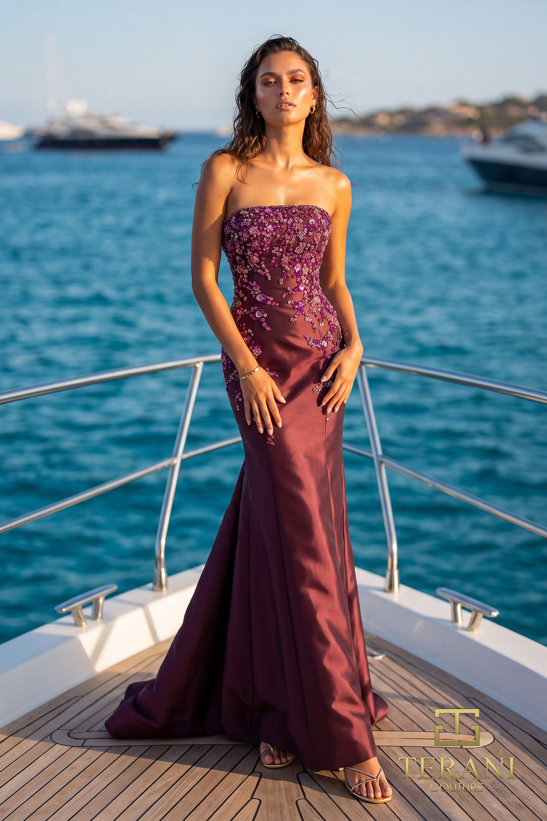 Terani 271M8405 strapless beaded appliqué mermaid gown front view without wrap
