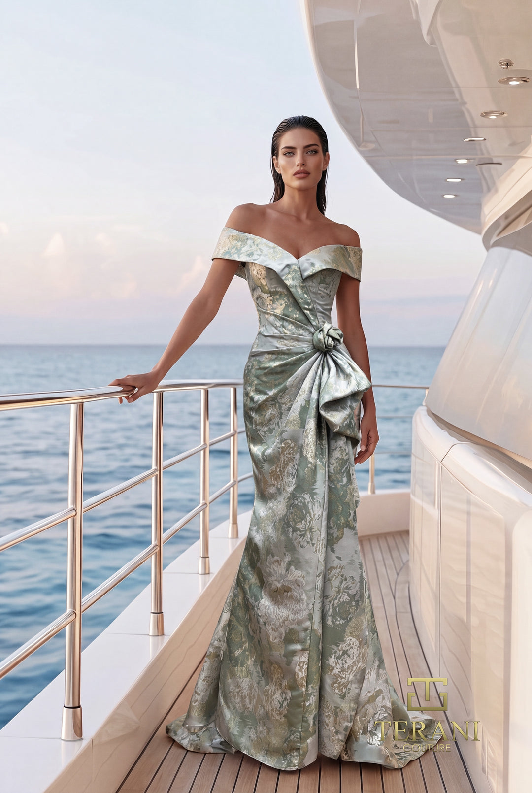 Terani 271M8440 off-the-shoulder portrait band rosette knot trumpet gown front view