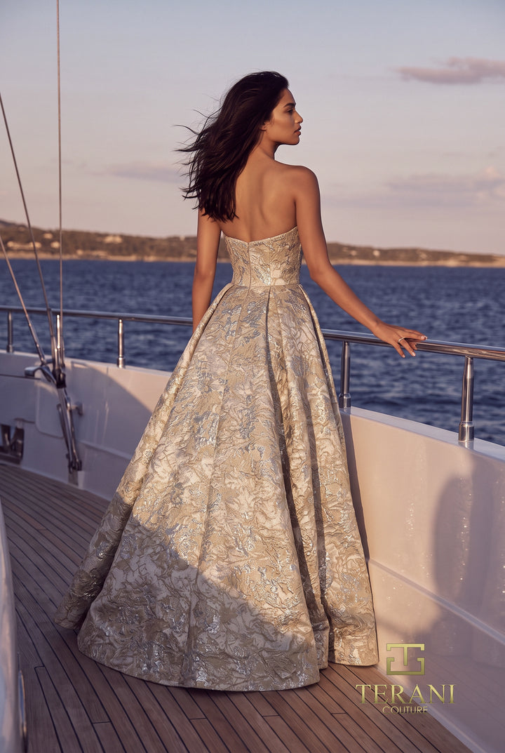 Terani 271M8442 box pleat ball gown with full skirt back view