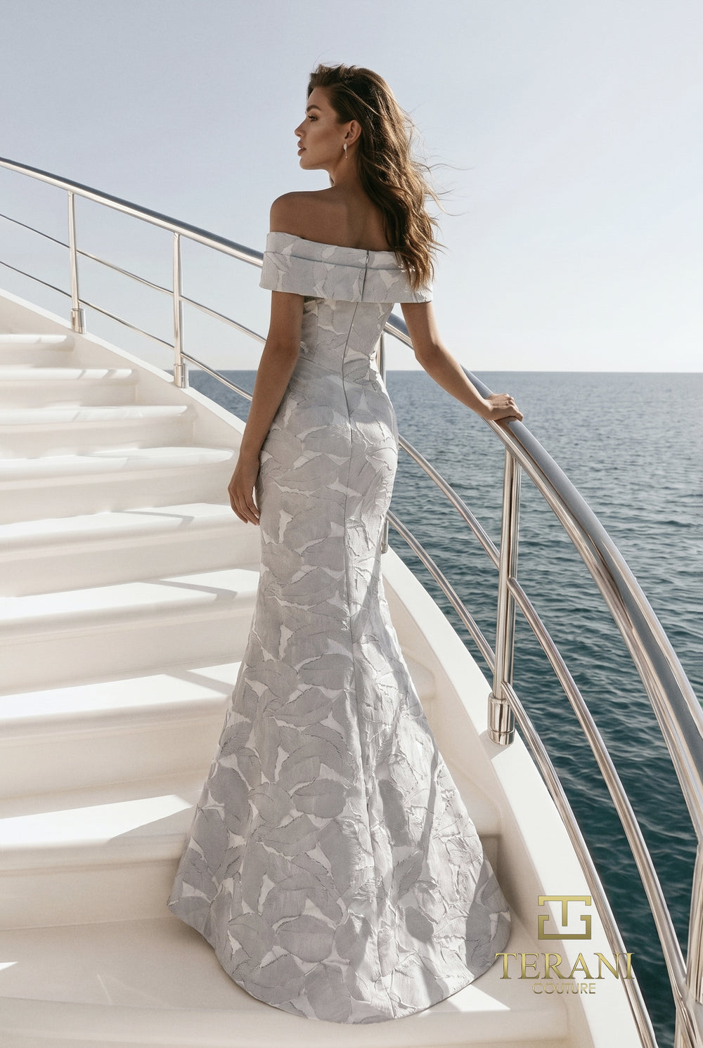 Terani 271M8446 leaf pattern mermaid gown with folded band back view