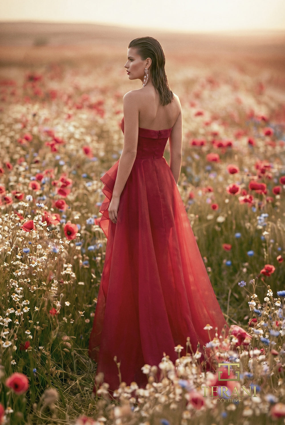Terani 271P8003 draped layered high-low prom dress back view