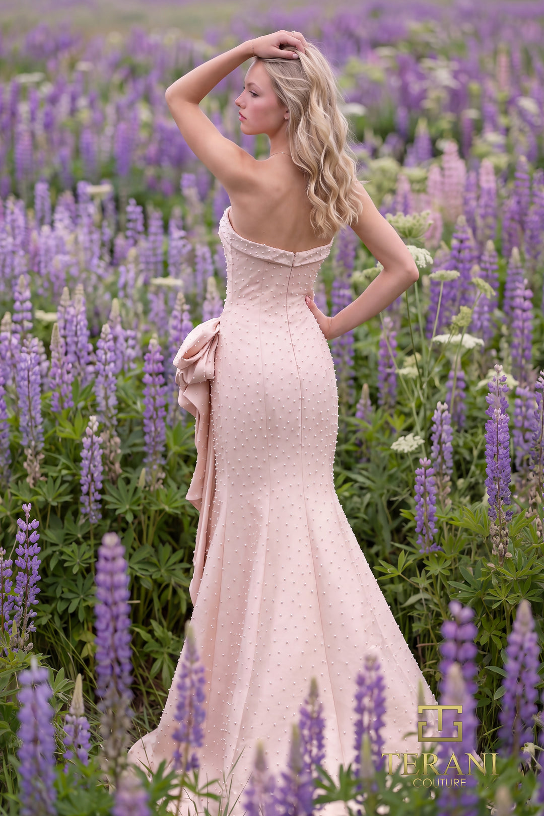 Terani 271P8055 strapless beaded draped hip panel mermaid prom dress back view