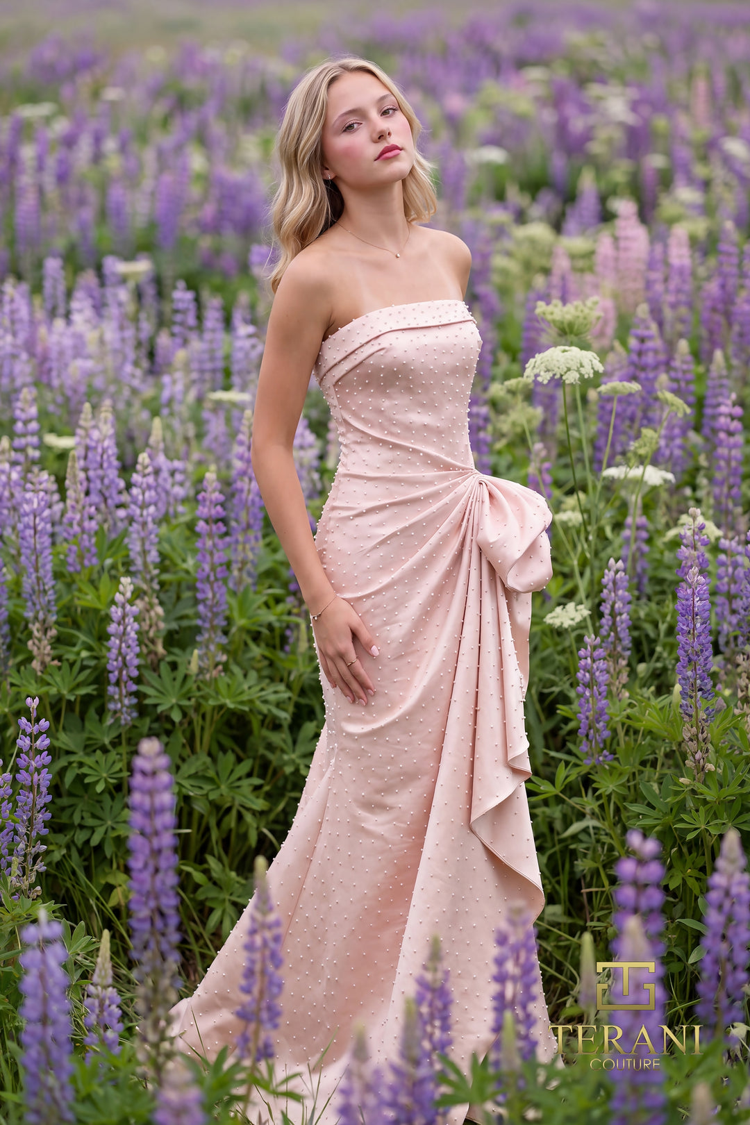 Terani 271P8055 strapless beaded draped hip panel mermaid prom dress front view