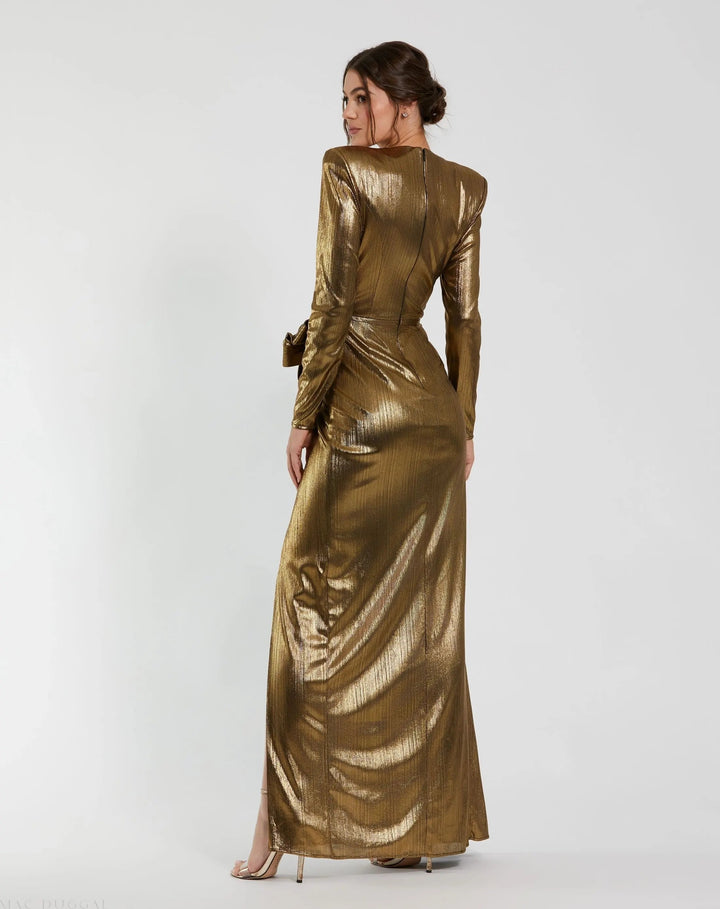 Mac Duggal 9927206P Gold Metallic Long Sleeve Gown With Bow