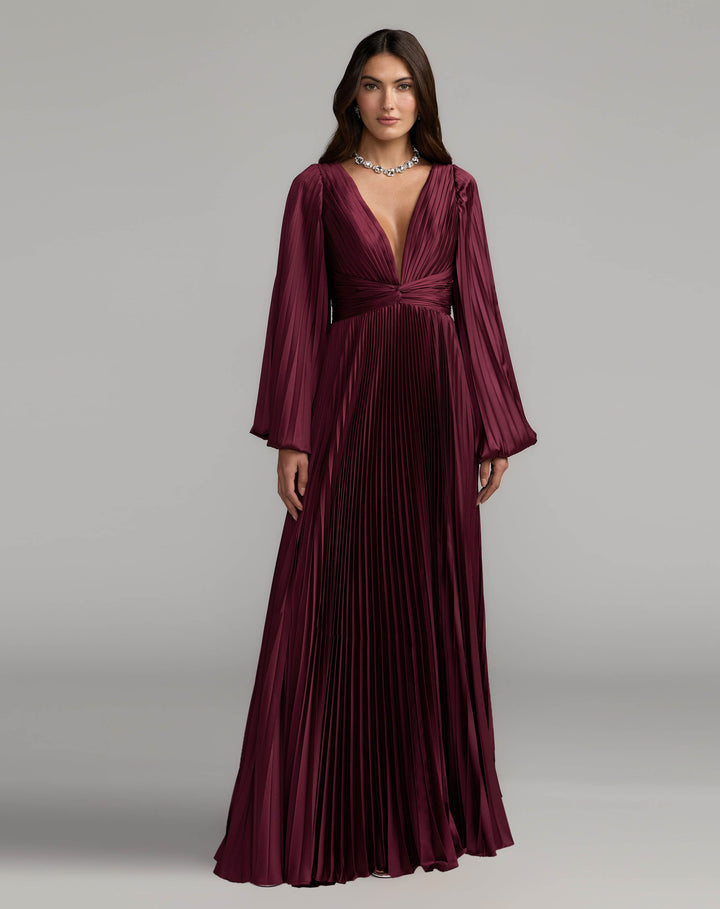 Mac Duggal 27526 Pleated Satin Long Sleeve Gown