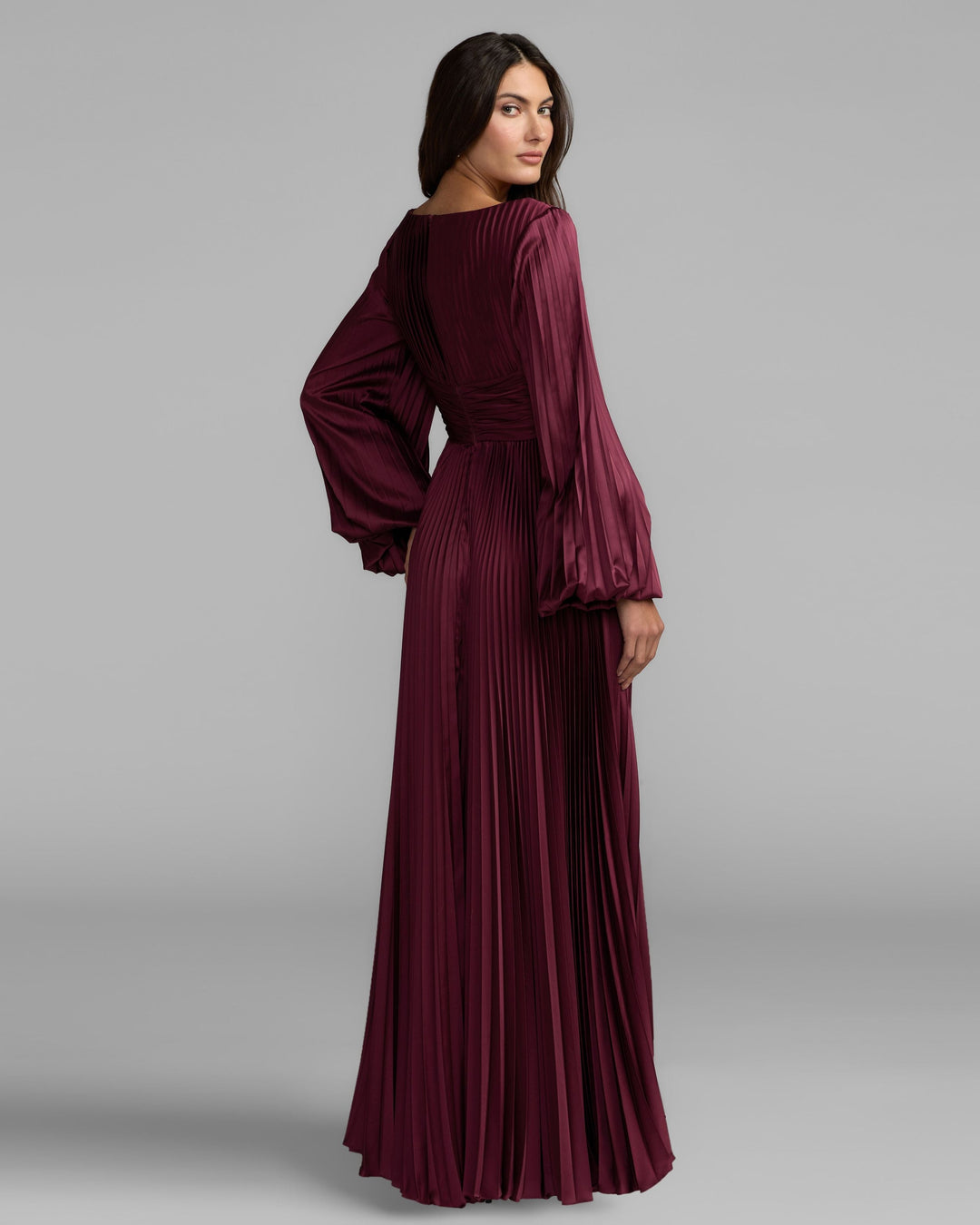 Mac Duggal 27526 Pleated Satin Long Sleeve Gown