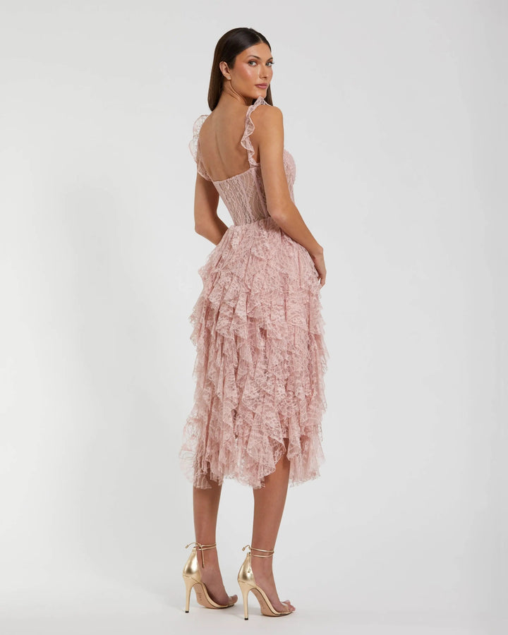 Pink Lace Ruffle Tiered Midi Dress - FOSTANI.com