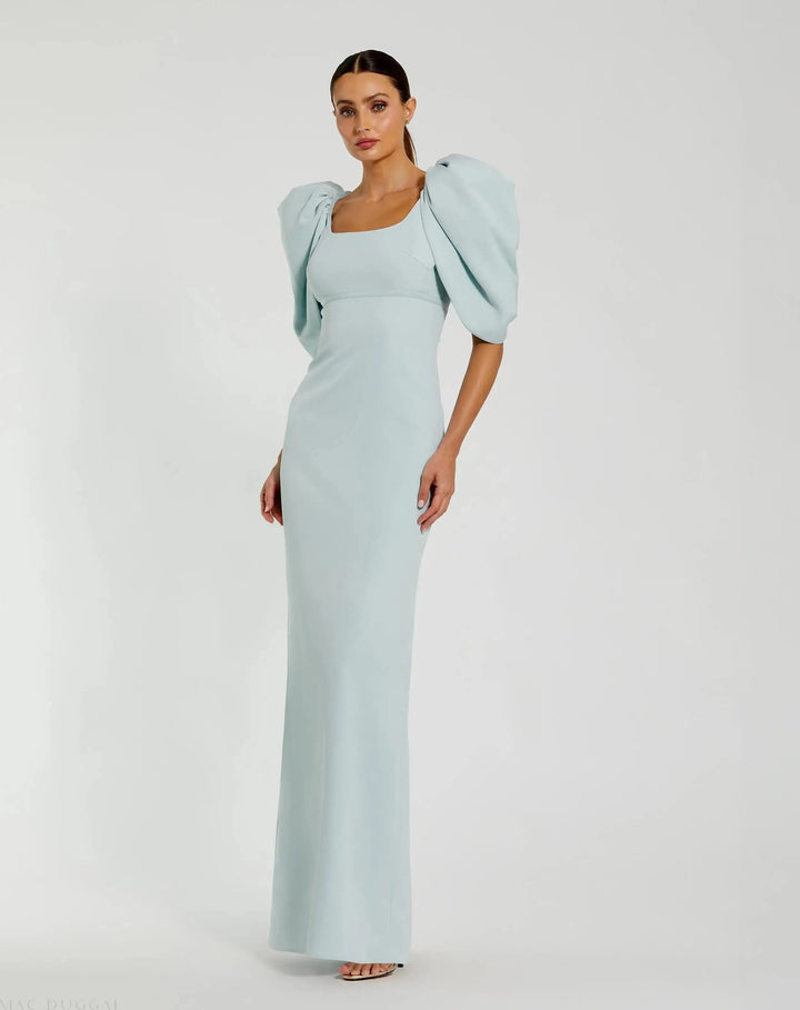 Mac Duggal 27534 Blue Fitted Crepe Square Neck Gown with Puff Sleeves