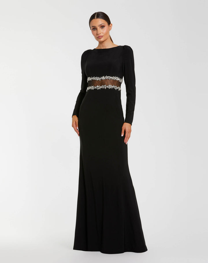Mac Duggal 27695 Black Long Sleeve Jersey Gown With Jewel Detail