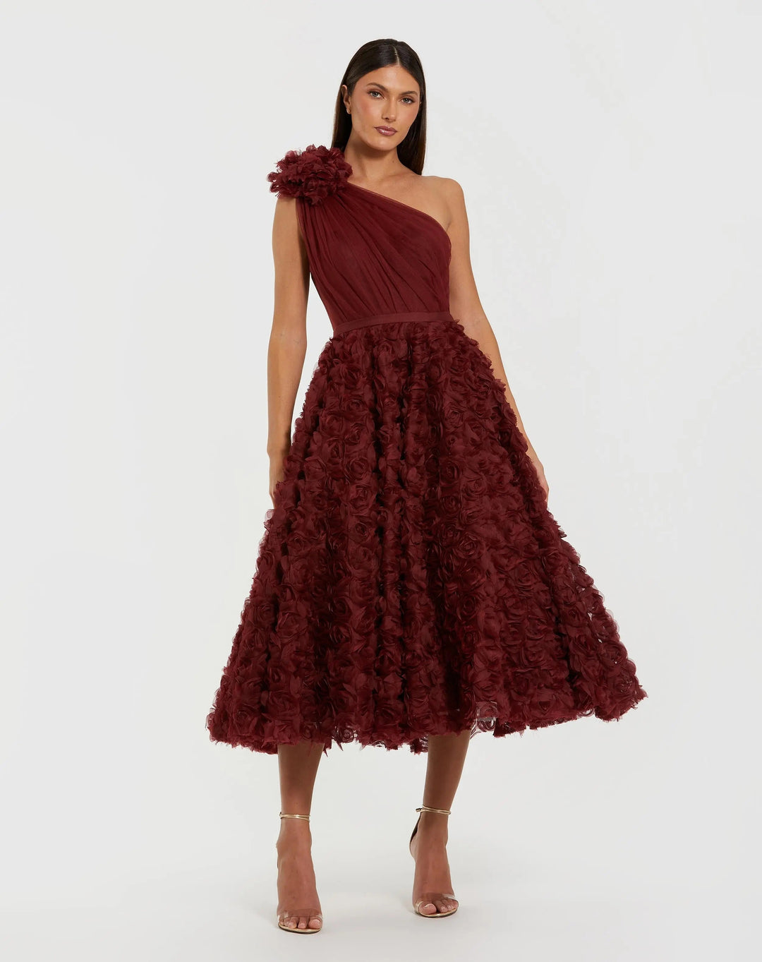 Red One Shoulder 3D Floral Rosette Midi Dress - FOSTANI.com