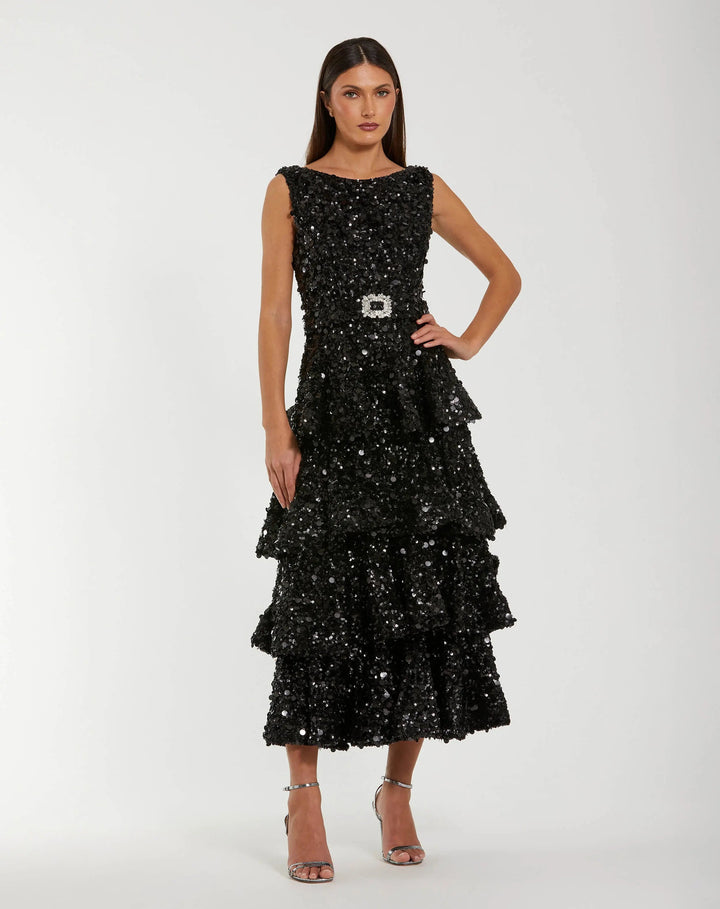 Mac Duggal 27733 Black Sequin Ruffle Midi Dress with Belt